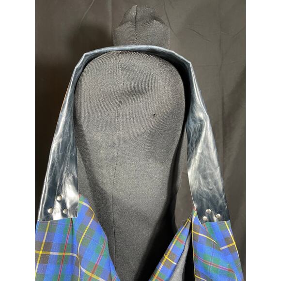 Handmade, blue plaid large hobo bag, vintage cotton fabric, leather strap - Picture 5 of 7